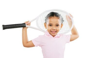 Children, tennis and portrait of little girl with racket standing isolated on a transparent PNG...