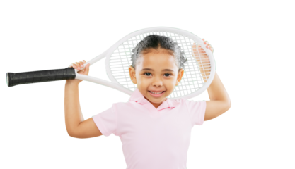 Children, tennis and portrait of little girl with racket standing isolated on a transparent PNG background. Face of cute child player or kid smile in sports, fitness or fun athlete in game or match