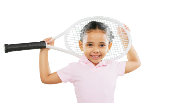 Children, tennis and portrait of little girl with racket standing isolated on a transparent PNG background. Face of cute child player or kid smile in sports, fitness or fun athlete in game or match