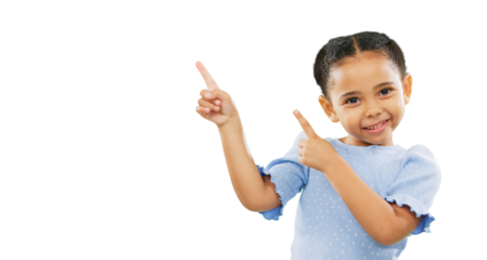 Happy little girl, portrait and pointing for advertising, list or presentation isolated on a transparent PNG background. Child or kid smile in launch or choice for notification, discount or sale