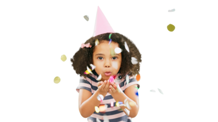 Little girl, portrait and blowing confetti on birthday, event or celebration isolated on a transparent PNG background. Cute or adorable child or kid playing with glitter decor for festive or new year