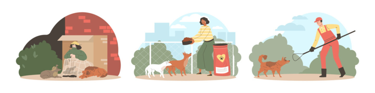 Shelter and care for stray dogs banners set, flat vector illustration isolated.