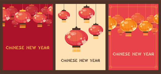 Chinese New Year greeting cards set with paper lanterns, flat vector illustration.