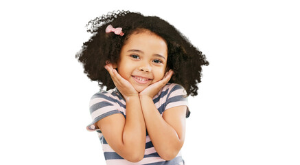 Happy, cute and portrait of child with smile on isolated, png and transparent background. Kindergarten, fashion accessory and young girl with hands on face for childhood, happiness and adorable style