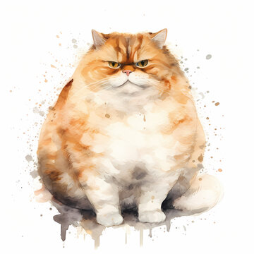 Watercolor painting of a fat funny orange Persian cat, white background, flat colors bold lines cute cartoons minimal style