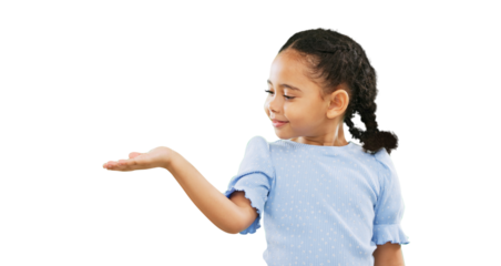 Smile, offer and presentation with child and hand gesture on png for idea, show and promotion. Happy, advertising and announcement with face of young girl isolated on transparent background for palm