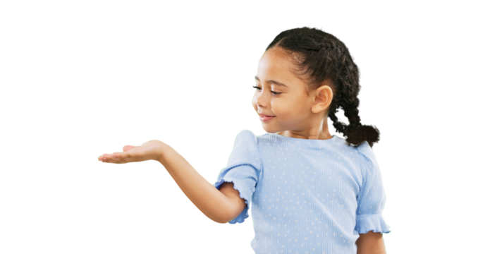 Smile, offer and presentation with child and hand gesture on png for idea, show and promotion. Happy, advertising and announcement with face of young girl isolated on transparent background for palm - Powered by Adobe