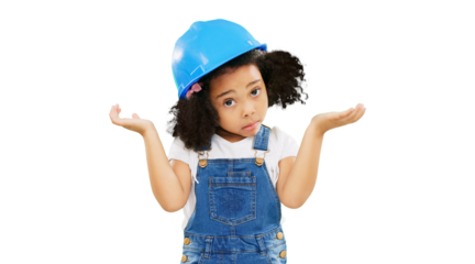 Hardhat, why and child portrait with decision, confused question and uncertain. Construction shrug, play and girl with choice and doubt with builder costume isolated on transparent png background