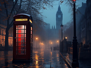 Red phone booth inthe middle of city street in light of lanterns. Evening mist. Generative Ai content.
