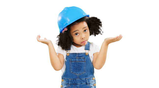 Hardhat, why and child portrait with decision, confused question and uncertain. Construction shrug, play and girl with choice and doubt with builder costume isolated on transparent png background