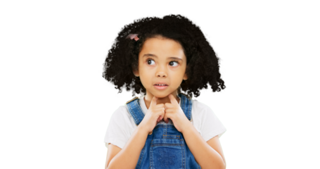 Child, thinking and nervous girl, questions and wondering with youth isolated on png transparent background. Young female kid, ideas and inspiration, doubt and problem solving with brainstorming