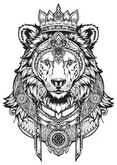 illustraion tattoo art design. King of bear with crown. high detail for tatto or printing with white isolate background 