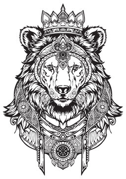 illustraion tattoo art design. King of bear with crown. high detail for tatto or printing with white isolate background 