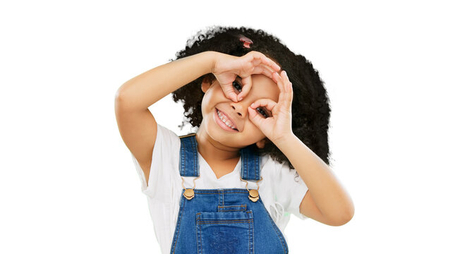 Vision, girl or child with hands on eyes for glasses and playful gesture in portrait isolated on png transparent background. Fun, smile or comic with funny facial expression, female kid and binocular