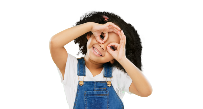 Vision, girl or child with hands on eyes for glasses and playful gesture in portrait isolated on png transparent background. Fun, smile or comic with funny facial expression, female kid and binocular