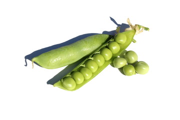  Green Peas pod and peas lie on a white isolated background.