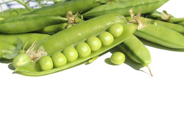 On a white background lie several pods of green peas with peas.