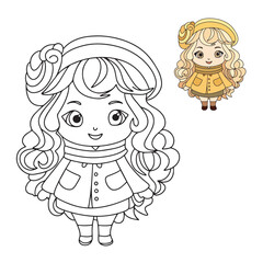 Cute cartoon girl in doodle style for coloring page. Coloring book for children. Vector illustration.
