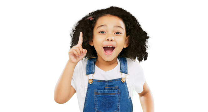 Surprise, idea and child portrait with a planning decision isolated on a transparent, png background. Success, youth question inspiration and a girl kid with thinking solution and curious for future