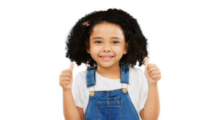 Happy, thumbs up and portrait of child with smile on isolated, png and transparent background. Success emoji, agreement and face of young girl with hand gesture for yes sign, happiness and thank you