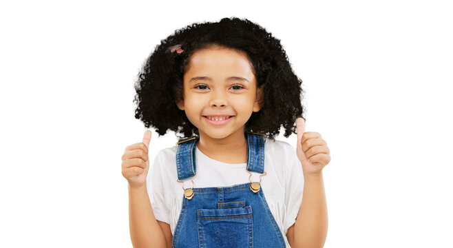 Happy, thumbs up and portrait of child with smile on isolated, png and transparent background. Success emoji, agreement and face of young girl with hand gesture for yes sign, happiness and thank you