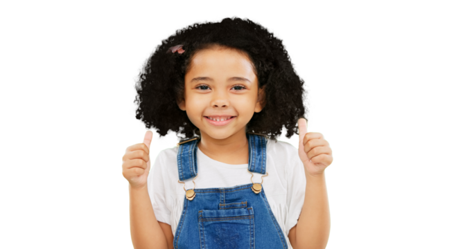 Happy, thumbs up and portrait of child with smile on isolated, png and transparent background. Success emoji, agreement and face of young girl with hand gesture for yes sign, happiness and thank you