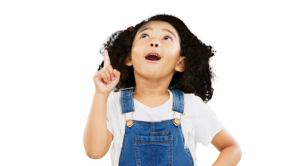 Thinking, idea and happy child with a planning decision isolated on a transparent, png background. Solution, youth question and a confused girl kid with problem solving and curious for future vision