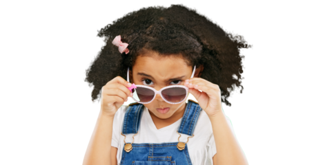 Sunglasses, fashion and portrait of girl looking on isolated, png and transparent background. Emoji, youth and face of cute child with trendy clothes, style and accessories for funny, comic and humor