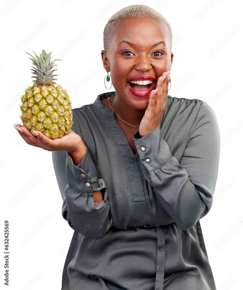 Poster Black woman, pineapple and portrait with detox, wow and heath food for vitamin c. African female person, fruits and tropical diet of a happy model surprise isolated on a transparent, png background