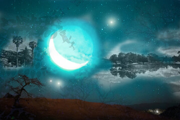 Fototapeta na wymiar paisaje magico con luna creciente en un lago nocturno