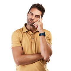 Person, thinking and confused portrait in planning, vision and future ideas on isolated,...