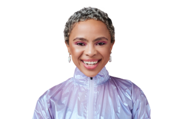 Happy woman, color and face with makeup, fashion and trendy neon clothes on isolated, transparent or png background. African model, retro and gen z portrait in bold style, cosmetics or unique beauty