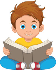 happy little boy reading a book cartoon