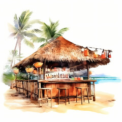 Watercolor art of Tiki bar on beach in hawaii style coconut tree behind with white background, illustration of beach hut on the beach serve cocktails
