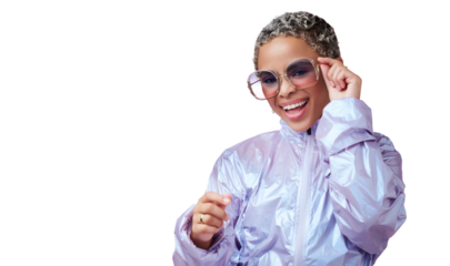 Sunglasses, woman and portrait, happy with fashion and funky accessory isolated on png transparent background. Edgy, gen z and cyberpunk style with female person, retro eyewear and smile on face