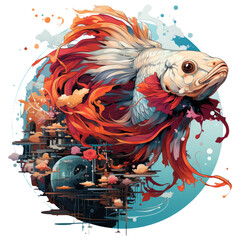 A time-traveling betta fish t-shirt design, depicting a betta fish as a whimsical explorer traveling through various eras, Generative Ai
