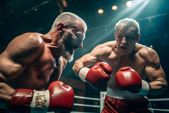 Two professional elderly men boxer boxing on ring stage with light shine upon them