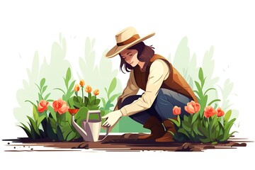 Generative AI : Girl gardening plant. Woman planting vegetables, agriculture gardener hobby and garden job. Gardening person. Trendy vector illustration in flat cartoon style, eps 10.