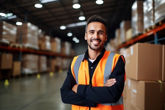 Generative AI : Portrait of happy confident worker at distribution warehouse