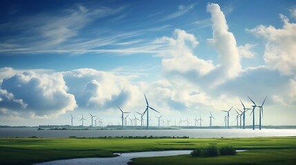 Generative AI : Offshore wind energy. Offshore wind turbines farm on the ocean. Sustainable energy production, clean power. - obrazy, fototapety, plakaty