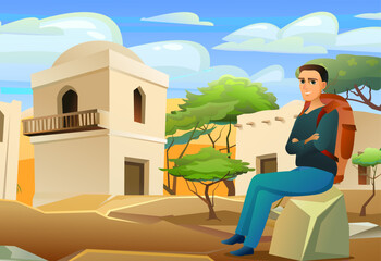 hover tourist with backpack sits on stone in desert near traditional houses. Tourist walking adventure journey. Fun cartoon style. Vector