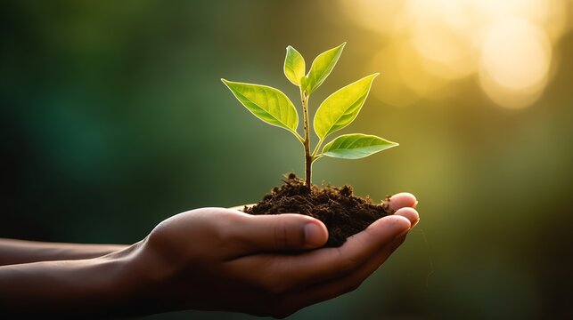 Generative AI : Human hands holding small plant over blurred house on rainy with nature background. Ecology concept.