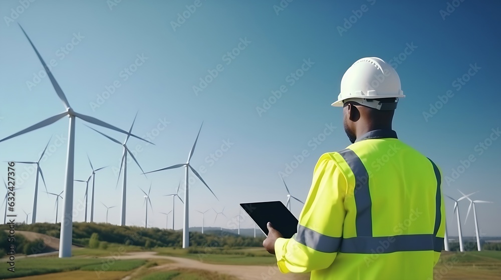 Poster Generative AI : Engineer in Wind Turbine park checks the status of the turbines using a tablet with chroma key green screen. Copy space mockup