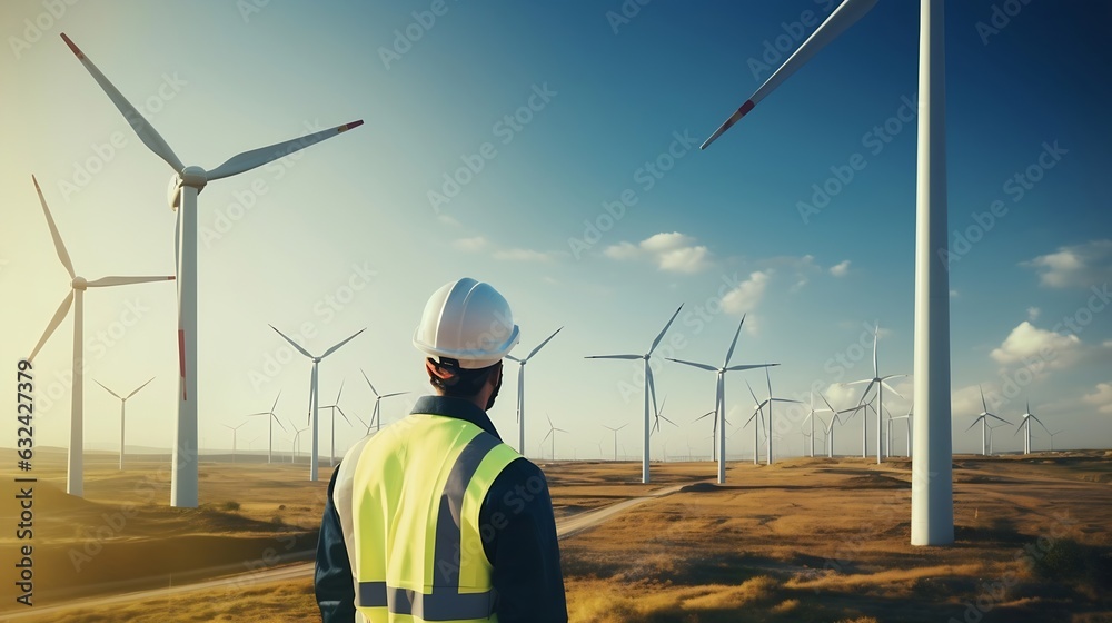 Aufkleber Generative AI : Engineer in Wind Turbine park checks the status of the turbines using a tablet with chroma key green screen. Copy space mockup