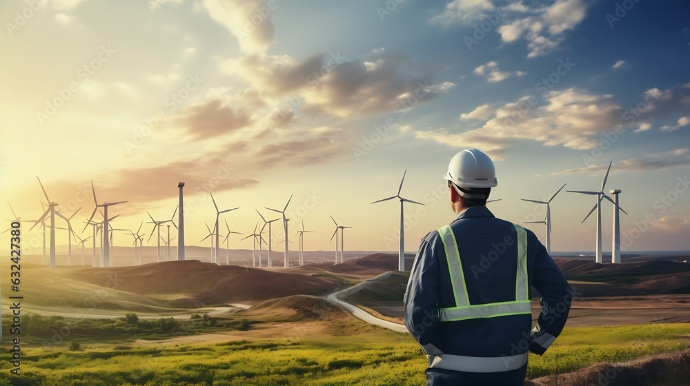 Poster Generative AI : Engineer in Wind Turbine park checks the status of the turbines using a tablet with chroma key green screen. Copy space mockup