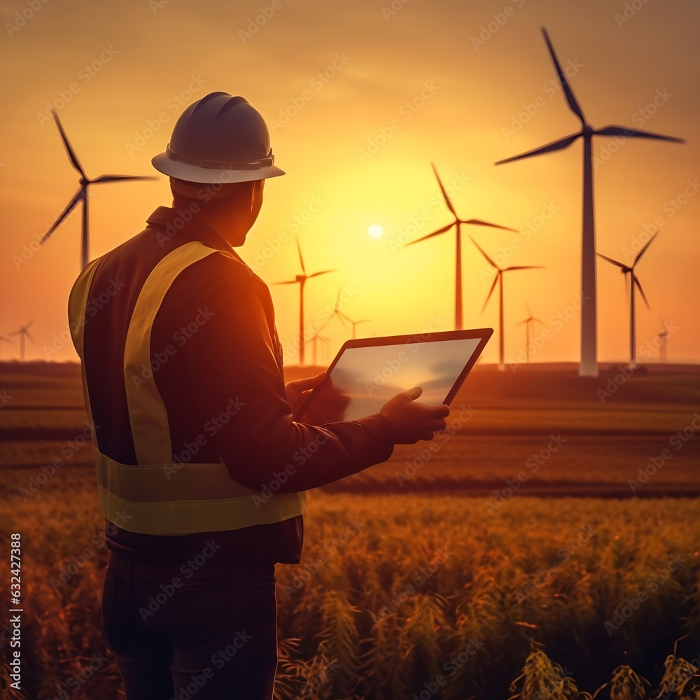 Aufkleber Generative AI : Engineer in Wind Turbine park checks the status of the turbines using a tablet with chroma key green screen. Copy space mockup
