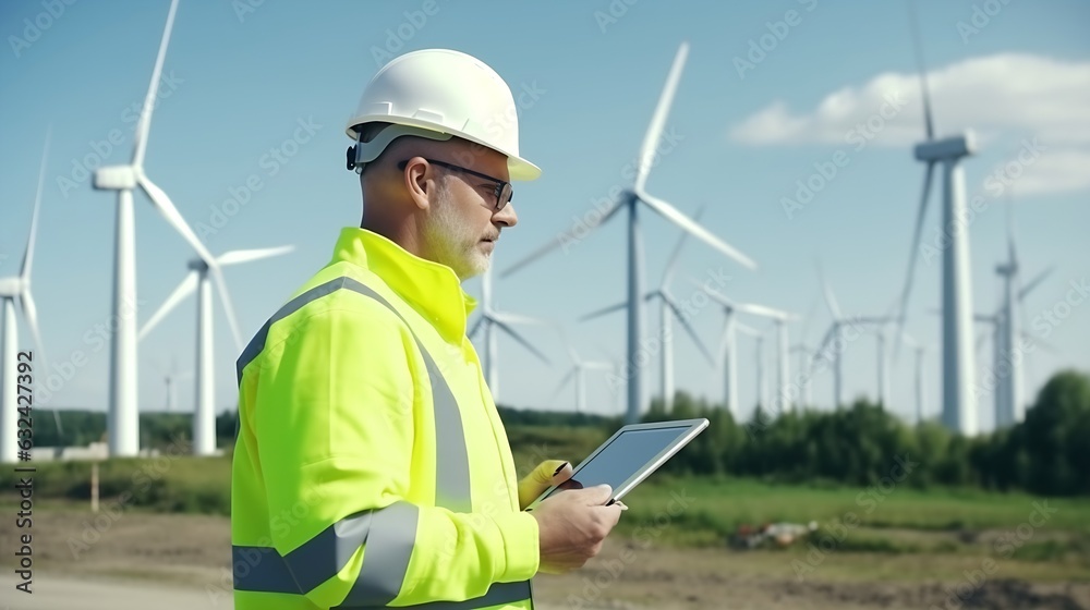 Poster Generative AI : Engineer in Wind Turbine park checks the status of the turbines using a tablet with chroma key green screen. Copy space mockup
