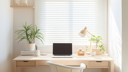 Generative AI : Home office for remote work. White walls with desk and sunlight rays streaming through windows