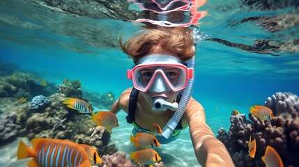 Generative AI : Happy family - active kid in snorkeling mask dive underwater, see tropical fishes in coral reef sea pool. Travel adventure, swimming activity on summer beach vacation with child. - obrazy, fototapety, plakaty