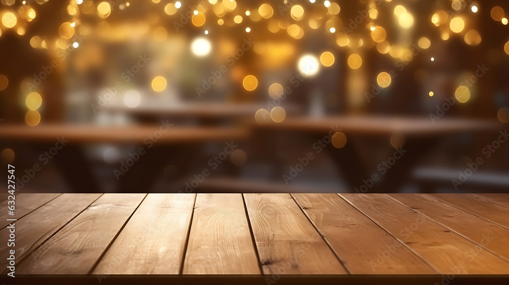 Poster generative ai : top of black wood table with lamp light party in bar or club in the dark night backg